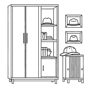 Fantasievoller Mehrzweckschrank mit entzückenden Hüten und Büchern Ausmalmotiv für einfallsreiche Entdecker