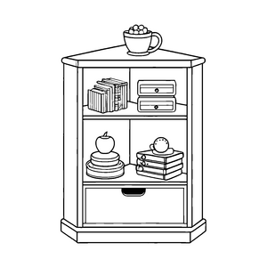 Bücherregal mit leckeren Äpfeln und Tassen Ausmalvorlage für kreative Köpfe