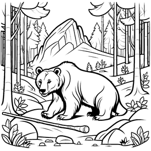 Entdeckungsfreudiger Bär beim Spiel mit Baumstamm Ausmalmotiv für neugierige Entdecker