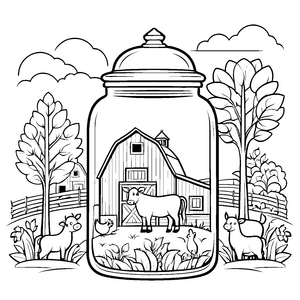 Charmante Flasche mit glücklicher Kuh und Bauernhof Ausmalmotiv für neugierige Grashüpfer