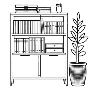 Faszinierender Bücherregal mit lebendigem Pflanzenzauber Ausmalbild für kreative Ideenfinder