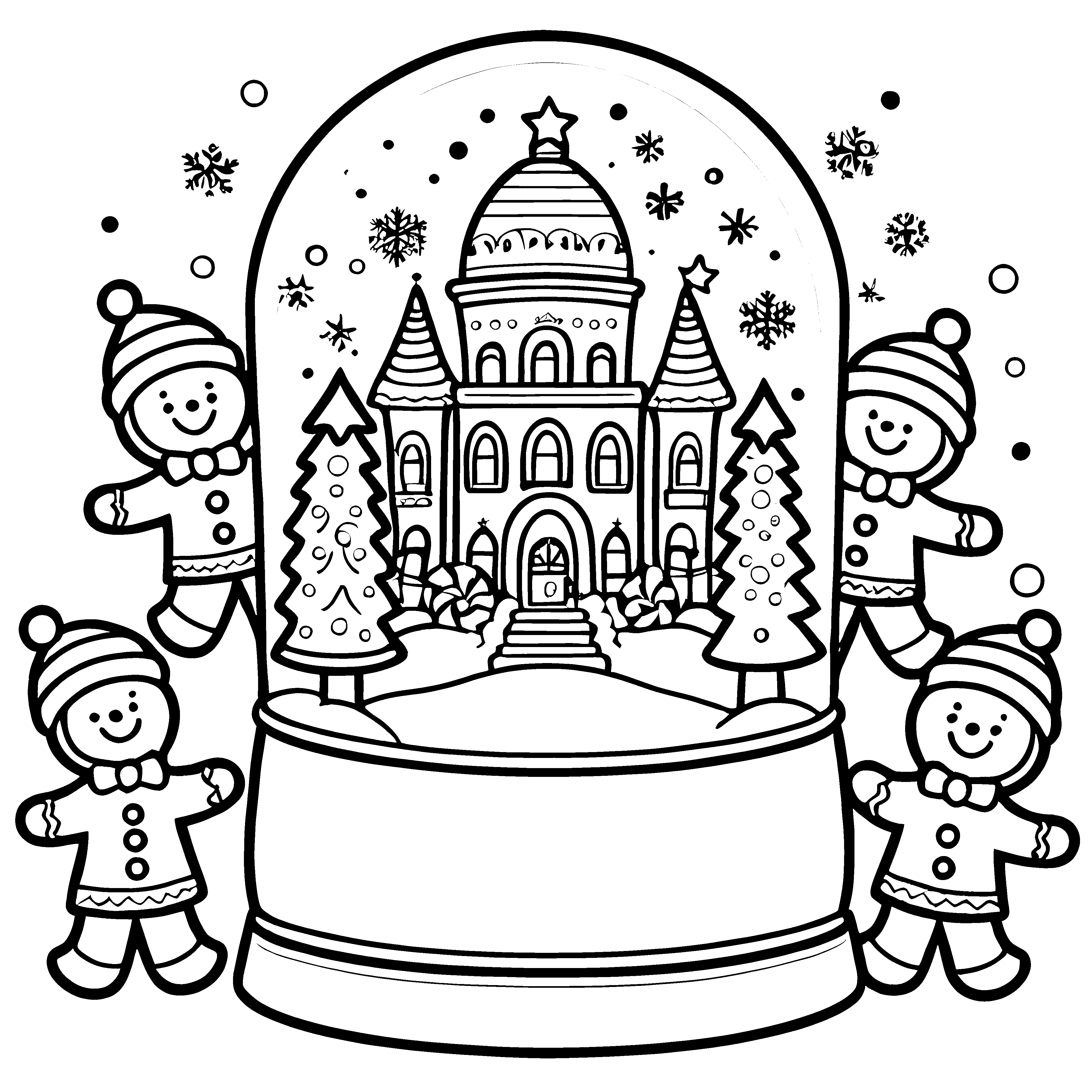 Faszinierende Schneekugel mit fröhlichen Figuren und winterlicher Landschaft Ausmalmotiv für kreative Winterfreunde