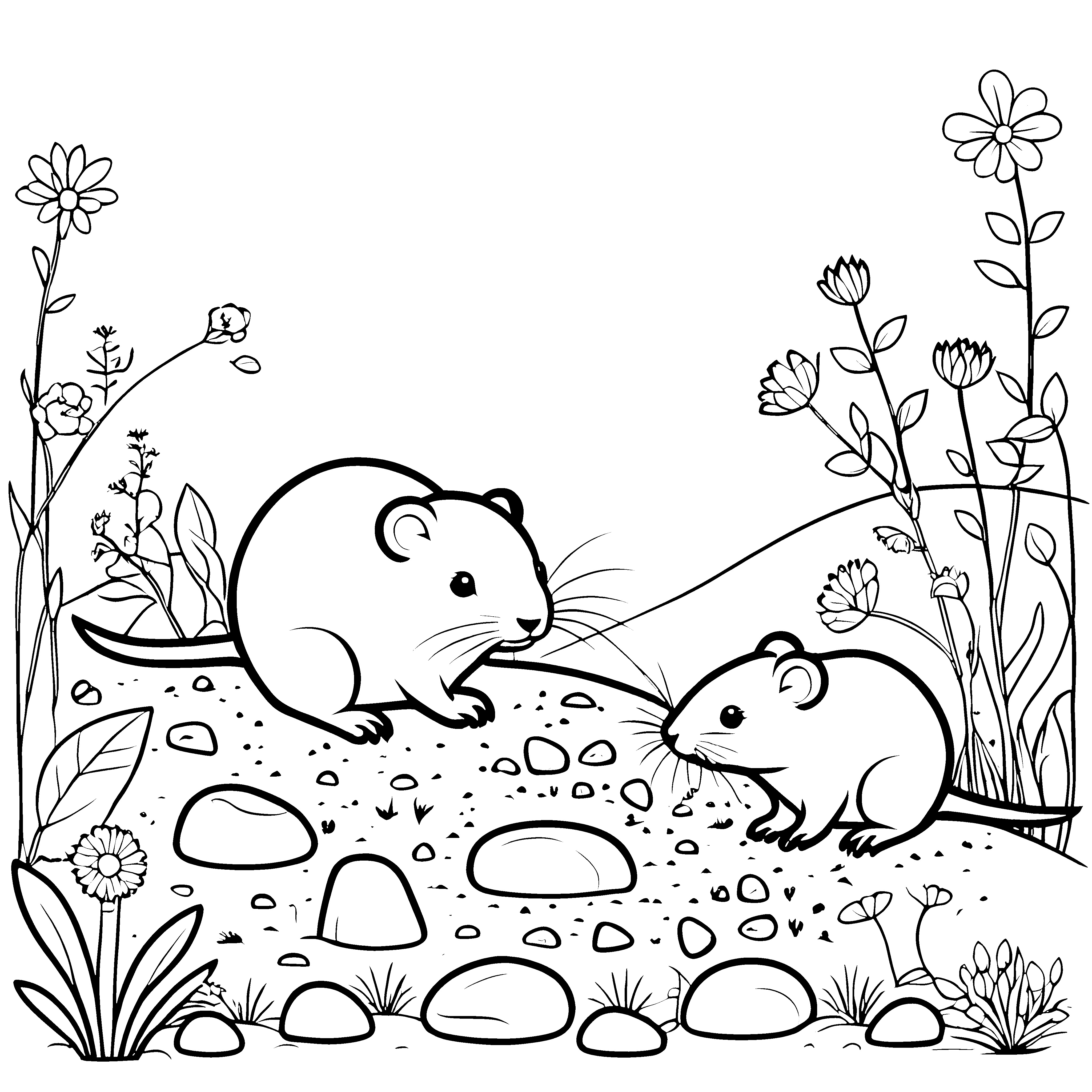 Kleiner Lemming entdeckt bunte Pflanzen zwischen Steinen Ausmalbild für neugierige Naturentdecker