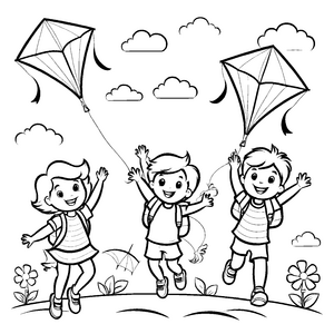Fröhliches Trio mit bunten Drachen im Frühling Ausmalvorlage für kleine Freiheitssucher und fröhliche Naturentdecker