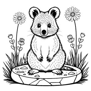 Verspielt sitzendes Quokka Baby zwischen blühenden Blumen Ausmalvorlage für junge Naturforscher