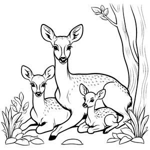 Drei scheue Rehkitze im geheimnisvollen Wald Ausmalmotivi für kleine Tierfreundinnen und -freunde