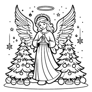 Festlicher Weihnachtsengel mit strahlenden Weihnachtsbäumen Ausmalmotiv für kleine Weihnachtsfreunde
