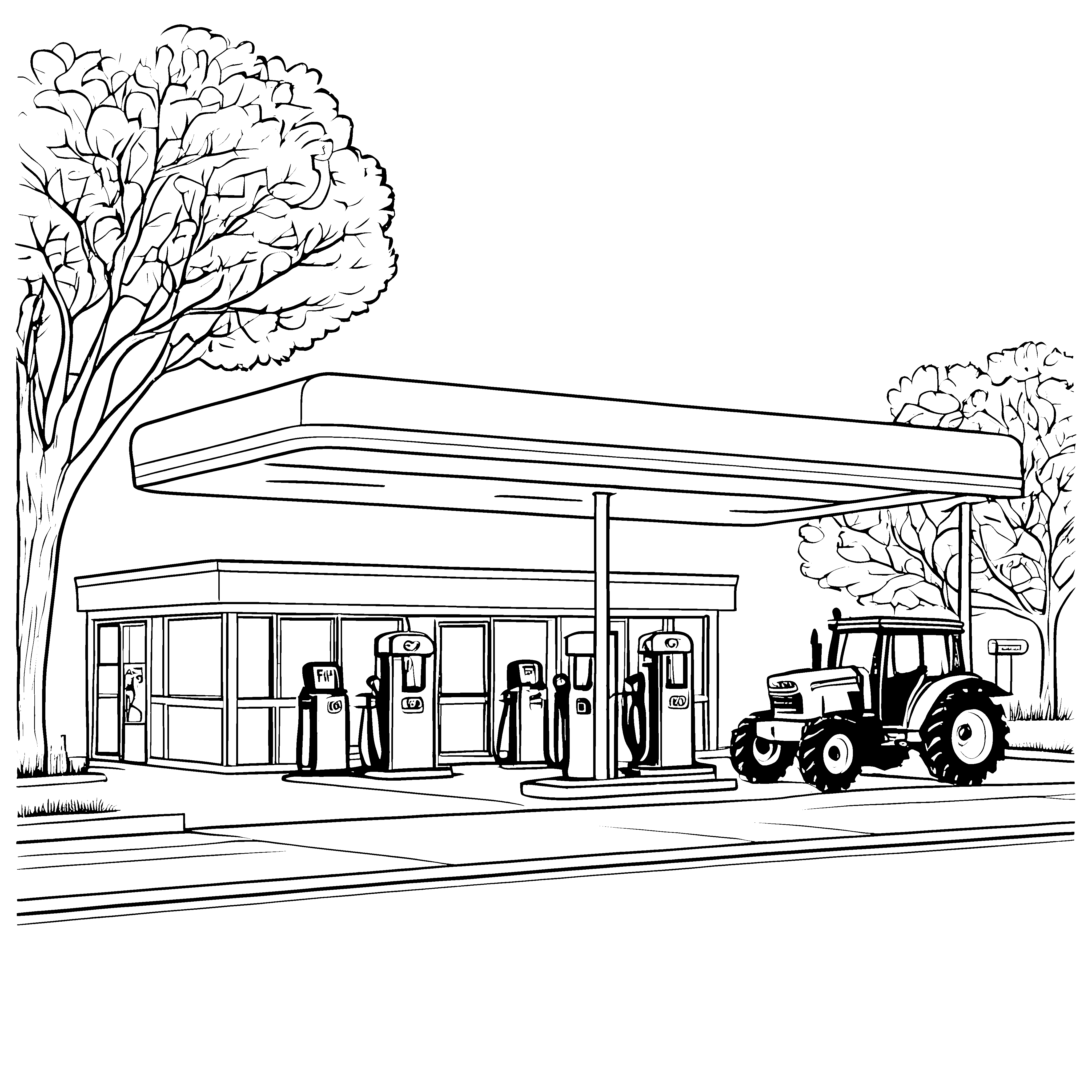 Traktor tankt fröhlich an der modernen Tankstelle Malvorlage für kleine Abenteurer