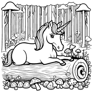 Einhorn auf einem Baumstamm umgeben von Pilzen Malvorlage für magische Abenteuerlustige