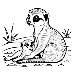 Herzliche Erdmännchen Mama mit ihrem Baby im Sand Malbild für kleine Naturforscher