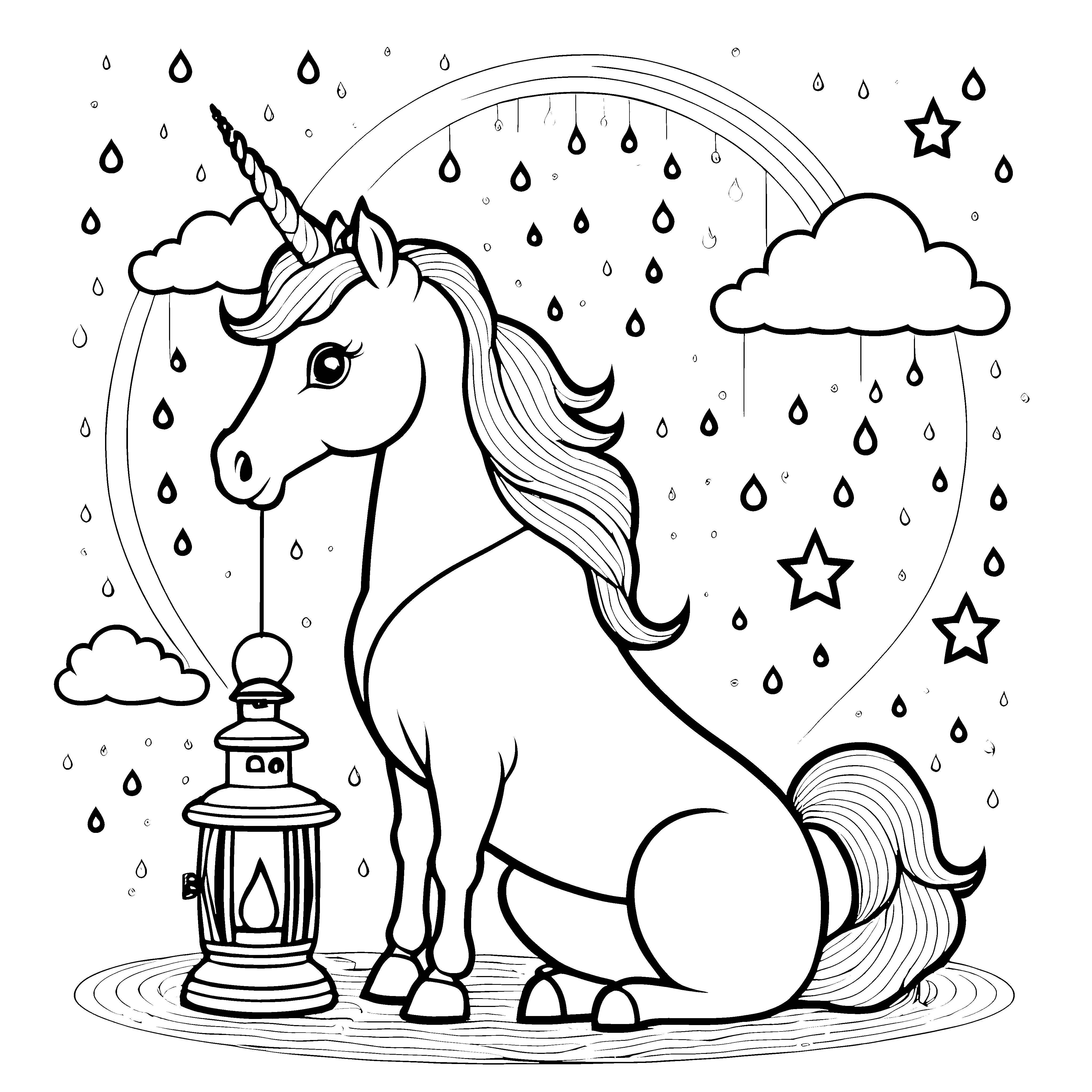 Verzaubertes Einhorn unter strahlendem Regenbogen Ausmalbild für kleine Traumfänger