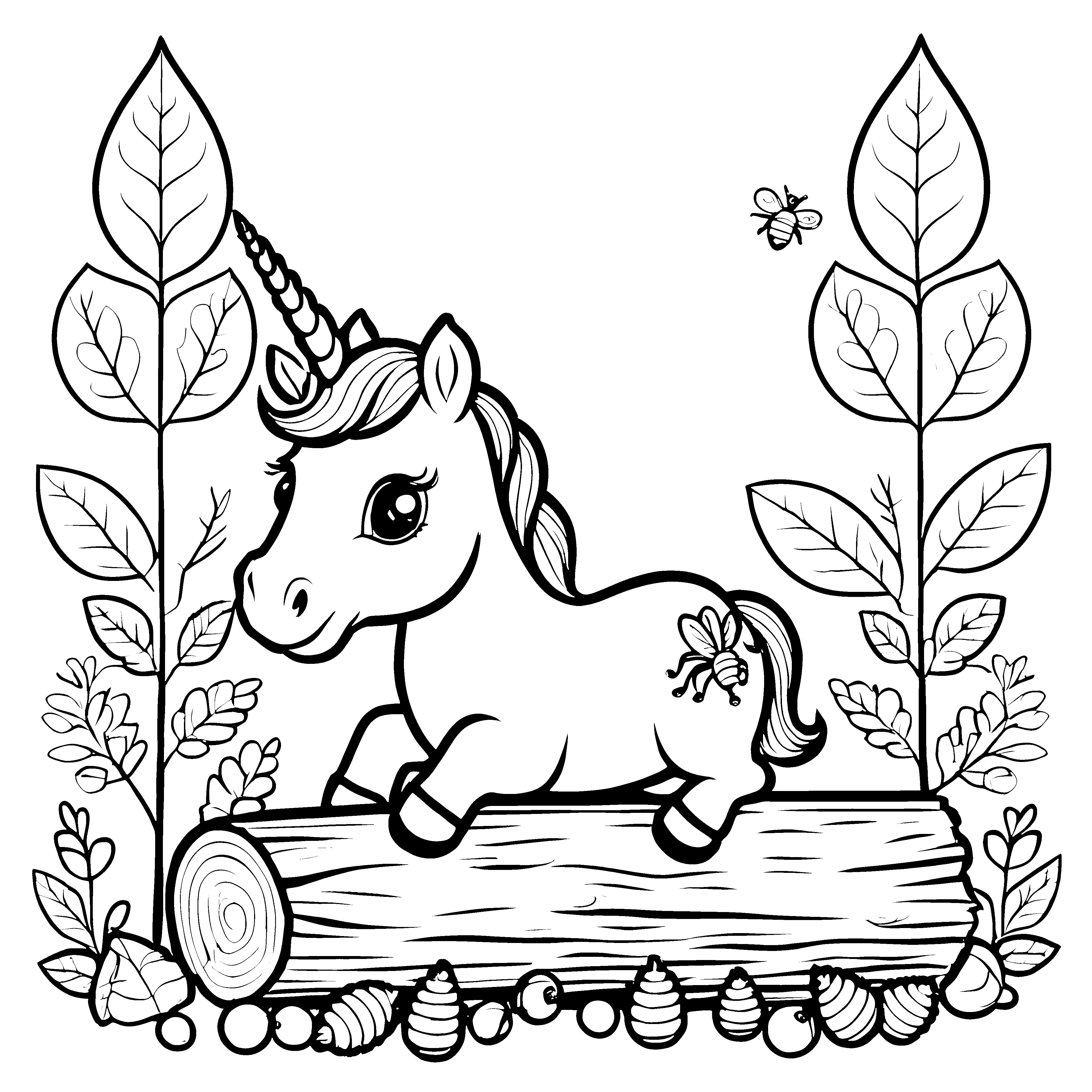 Fantasievolles Einhorn auf einem Baumstamm Malvorlage für abenteuerlustige Märchenfreunde