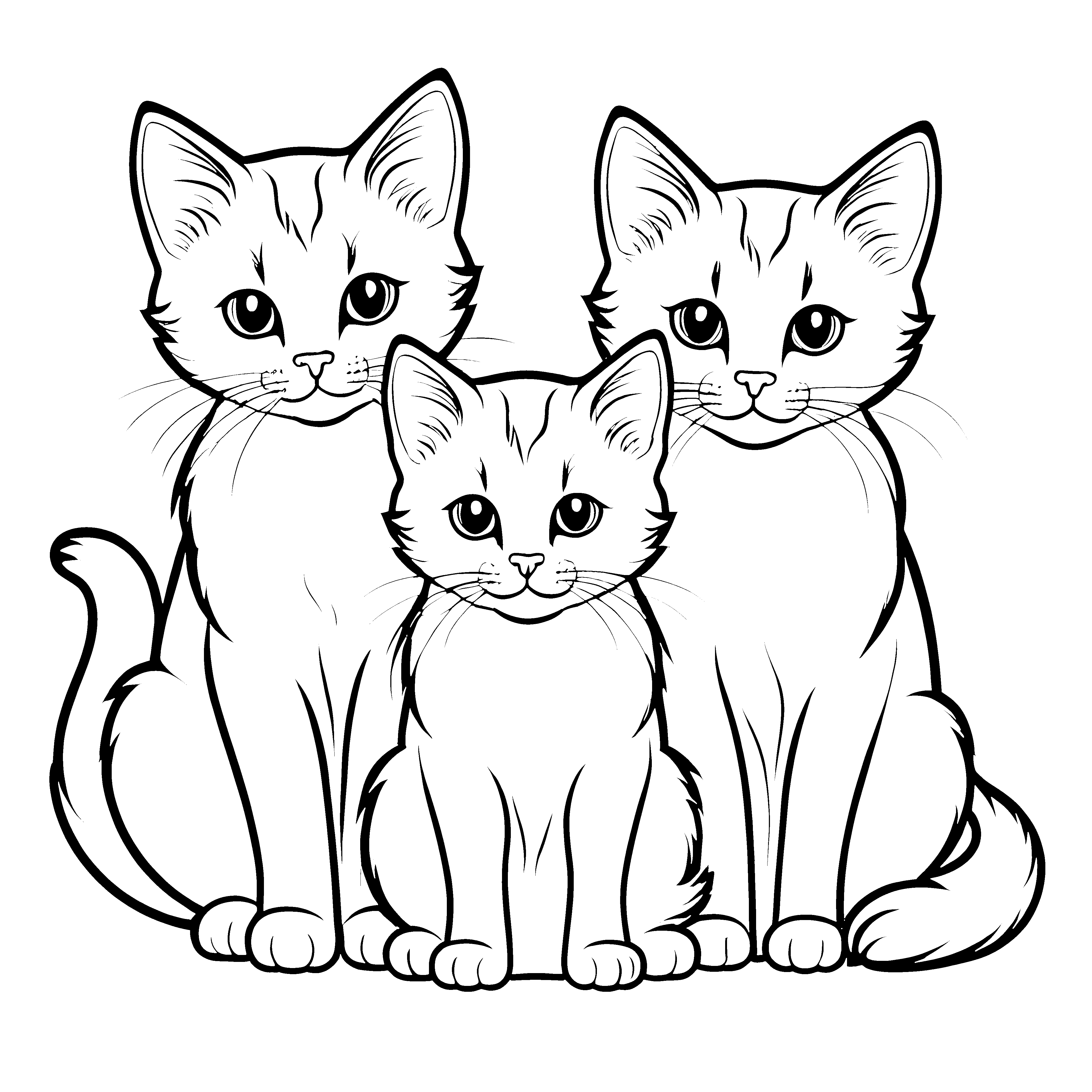 Drei freundliche Katzen mit neugierigen Blicken Ausmalvorlage für kleine Katzenliebhaber und fantasievolle Künstler