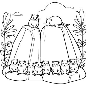 Zwölf fröhliche Lemminge bilden ein lächelndes Muster Ausmalbild für kleine Glücksbringer