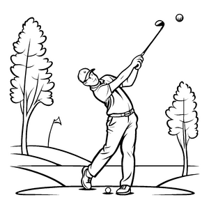Dynamischer Golfspieler beim Schwung mit Baum-Ausmalbild für flinke Künstler mit Leidenschaft für Sport