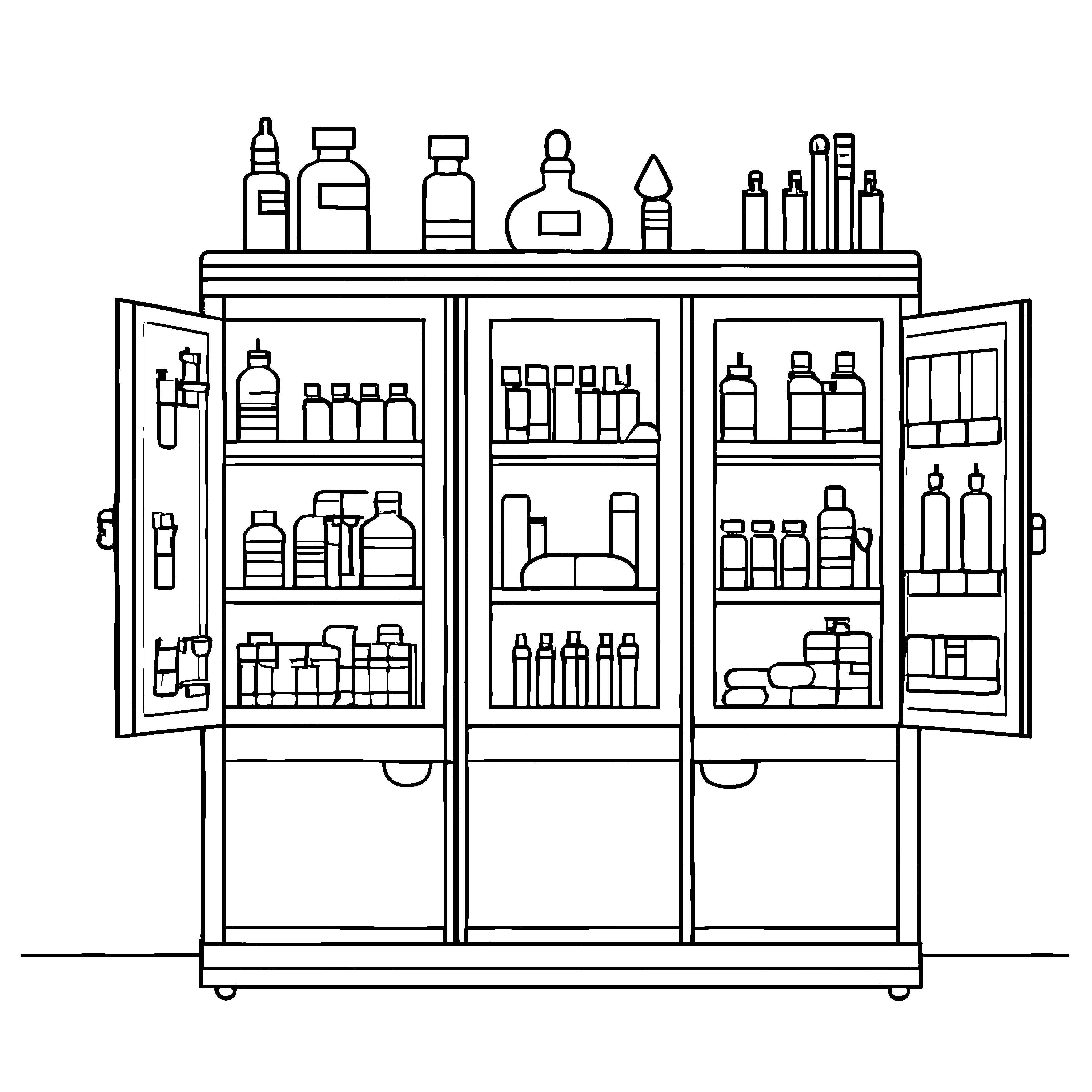 Antiker Medizinschrank mit geheimnisvollen Fläschchen Ausmalbild für abenteuerliche Gesundheitsentdecker