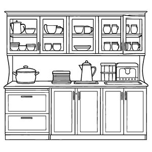 Kreativer Küchenschrank mit vielen bunten Schalen Ausmalbild für kleine Naschkünstler