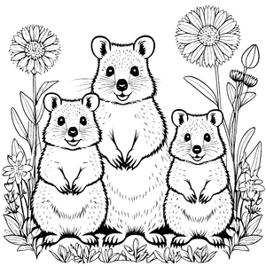 Drei süße Quokka Babys in Blumenwiese Ausmalbild für fröhliche Künstler