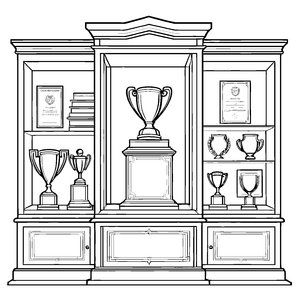 Beeindruckender Trophäenschrank mit funkelnden Pokalen Ausmalvorlage für kreative Champions von morgen