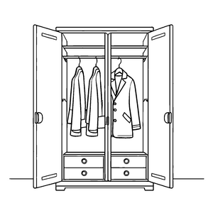Drei elegante Mäntel im offenen Garderobenschrank Ausmalbild für modische Entdeckeraträume
