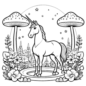 Magisches Einhorn im blühenden Garten mit Sternen Malvorlage für fantasievolle Künstler und kleine Abenteurer