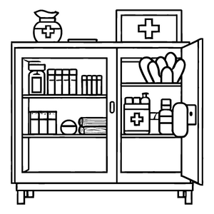 Geheimnisvoller Medizinschrank mit vielen faszinierenden Schätzen Ausmalbild für kleine Helden der Gesundheit