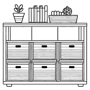 Kreativer Schubladenschrank mit Büchern und Pflanze Bastelmotiv für fantasievolle Entdecker