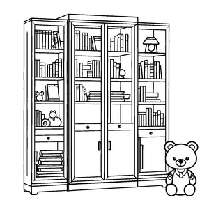 Charmanter Hochschrank mit lustigem Teddy und Büchern Ausmalbild für neugierige Bücherwürmer