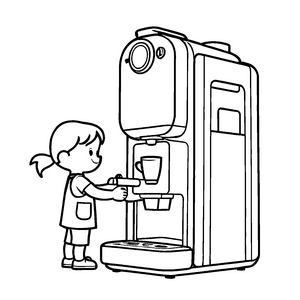 Fröhliche kleine Frau neben der Kaffeemaschine Malvorlage für junge Kaffeekreatoren