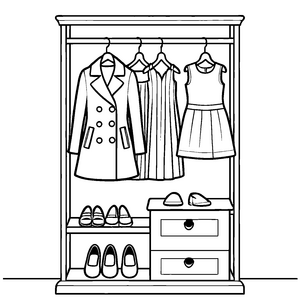 Kreativer Kleiderschrank mit bunten Kinderoutfits und Accessoires Ausmalbild für neugierige Modefreaks