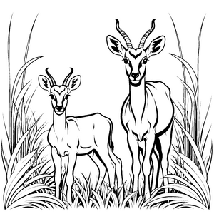 Zwei liebenswerte Antilopen-Jungtiere im hohen Gras Ausmalbild für fantasievolle Tierelemente