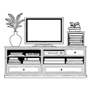 Fantasievoller TV-Schrank mit interessanten Büchern und Pflanzen Ausmalmotiv für kreative Wohnzimmergestalter
