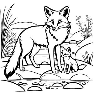 Majestätische Fuchs-Mama mit niedlichem Welpen am Wasser Ausmalbild für abenteuerlustige Naturfreunde