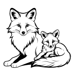 Bezaubernde Fuchs-Mama mit flauschigem Welpen im warmen Nest Ausmalvorlage für kleine Kuschelmonster