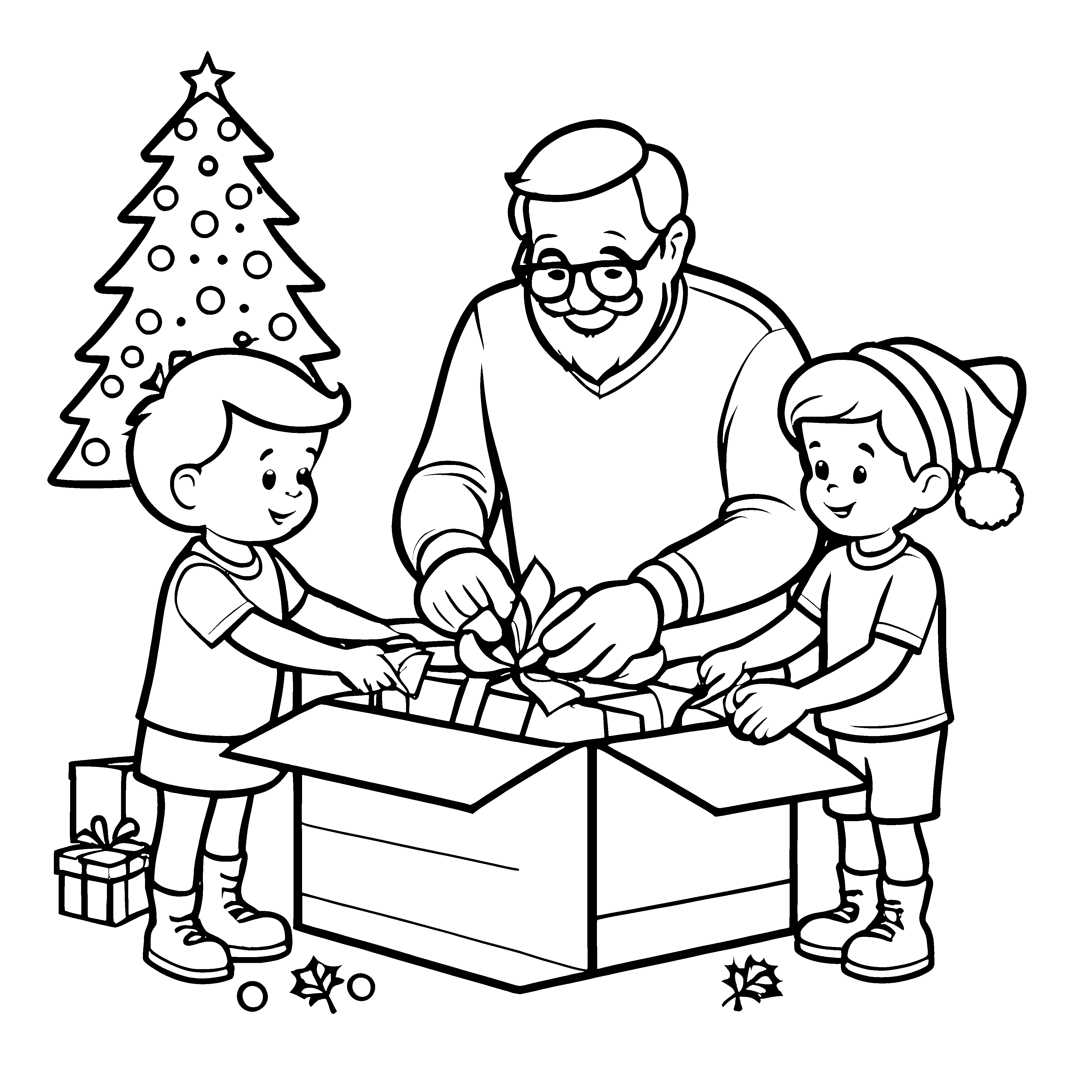 Freudige Geschenkeüberraschung mit Kindern und Opa Ausmalbild für aufmerksame Weihnachtsfreunde