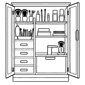 Fantasievoller Badezimmerschrank mit zahlreichen Pflegeprodukten Ausmalbild für neugierige Ordnungskünstler mit kreativen Ideen