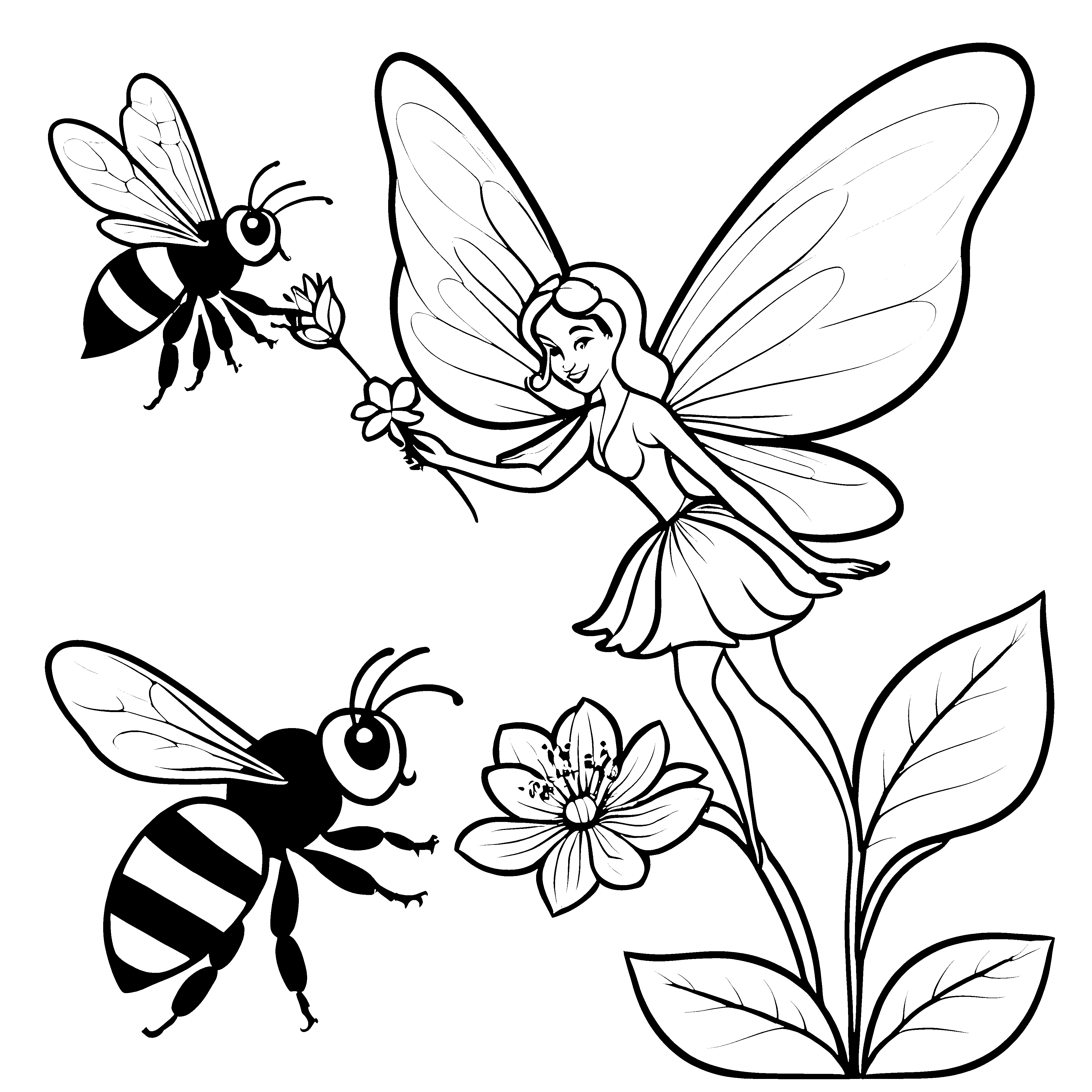 Wundersame Fee mit einer Blume und Biene Ausmalvorlage für fantasievolle Naturfreunde