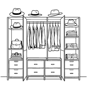 Schicker Kleiderschrank mit modischen Outfits und Accessoires Ausmalbild für fantasievolle Modezauberer