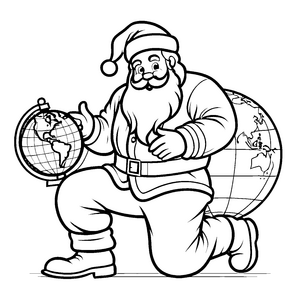Bezaubernder Weihnachtsmann zeigt auf den Globus Ausmalmotiv für junge Weltentdecker