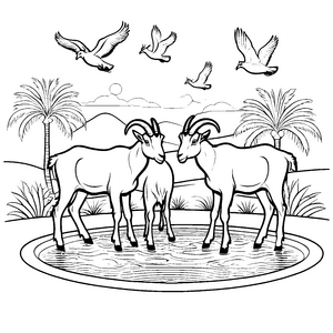 Zwei wunderschöne Schafe am ruhigen Teich Ausmalvorlage für fantasievolle Naturfreunde