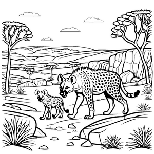 Verspielte Hyänenjunge auf einem abenteuerlichen Spaziergang Ausmalbild für kleine Entdecker