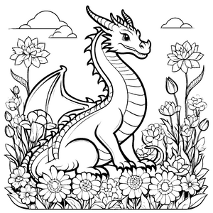 Bezaubernder Drache in blühenden Blumenwiesen Ausmalvorlage für kleine Naturentdecker
