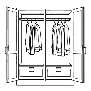 Faszinierender Kleiderschrank mit bunten Outfits Ausmalmotiv für kleine Modezauberer