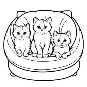 Drei charmante Katzen auf kuscheligem Sitzplatz Ausmalbild für kleine Tierfans und kreative Entdecker