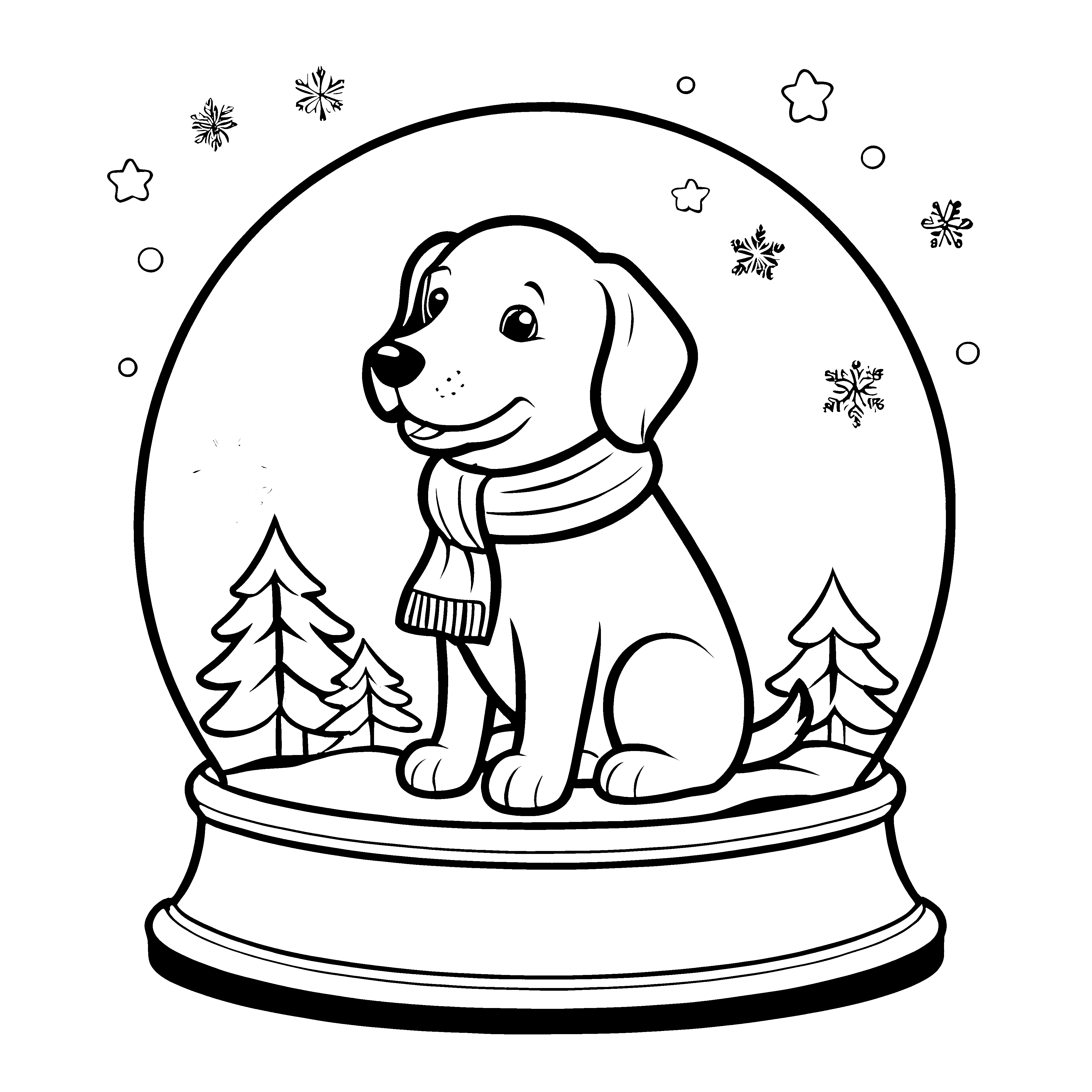 Bezaubernde Schneekugel mit einem spielenden Hund im Wintertraum Malvorlage für neugierige Tierfreunde