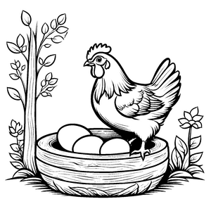 Fröhliches Huhn im Nest mit drei köstlichen Eiern Ausmalvorlage für pfiffige Hobbykünstler