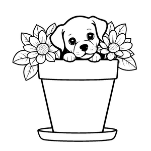 Verspielter Welpe aus einem Blumentopf schauend Ausmalbild für kleine Blumenfreunde