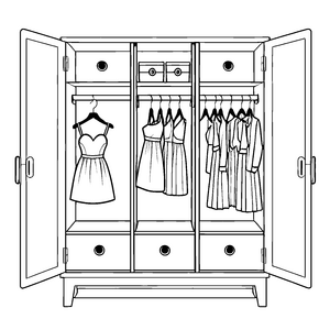 Kreativer Kleiderschrank mit eleganten Outfits und Blusen Ausmalmotiv für kleine Modezauberer