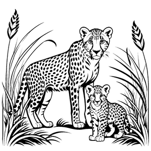Bezaubernde Gepardenmama mit ihrem schüchternen Jungtier Malvorlage für kleine Entdecker auf Safari