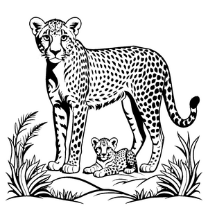 Majestätische Gepardenmama mit ihrem neugierigen Kleinen Ausmalmotiv für kleine Tierforscher auf Entdeckungsreise